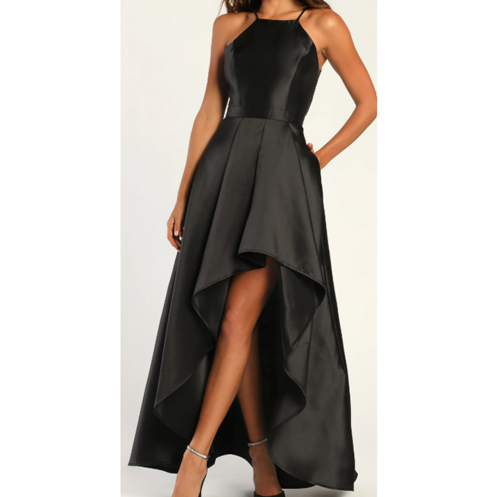 LULU'S SZ M Broadway Show Black High-Low Halter Maxi Formal Gown Dress NWT